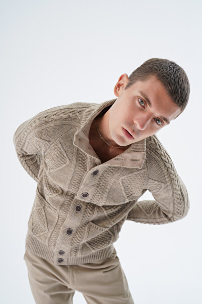 Trist Star Ανδρική ζακέτα πλεκτής πλεκτής μαλλιών σε χρώμα βιζόν - με τσέπες, όρθιο γιακά TRIST-5326