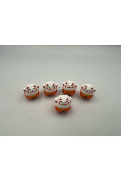 Ebruli Boncuk 14.56 mm Turuncu Şans Kedisi 5’li Desenli Seramik Takı Yapımı B...