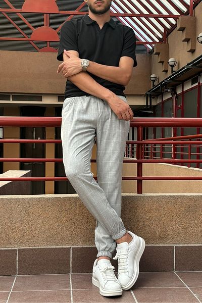 inpool Men's Plaid Patterned Flexible Jogger Pants - Waist Lace-up, Pleat Detailed 24INP199K