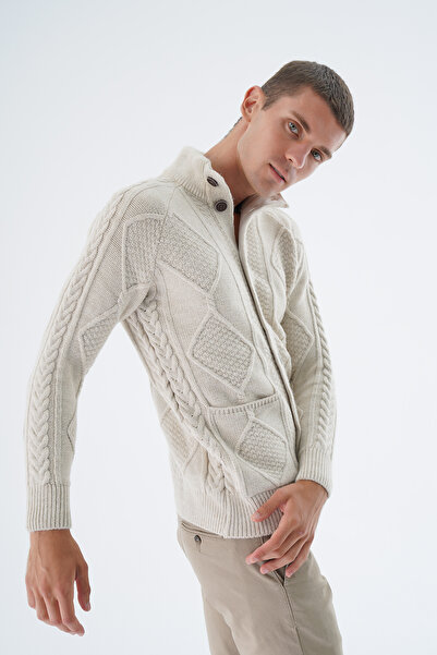 Trist Star Beige Braided Wool Knitwear Cardigan with Execution Pockets - Stand Collar TRIST-5326