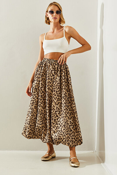 Bianco Lucci Leopard Patterned Satin Taffeta Balloon Women's Skirt - DE 241023 60251461