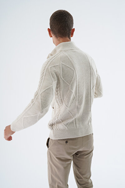 Trist Star Beige Braided Wool Knitwear Cardigan with Execution Pockets - Stand Collar TRIST-5326
