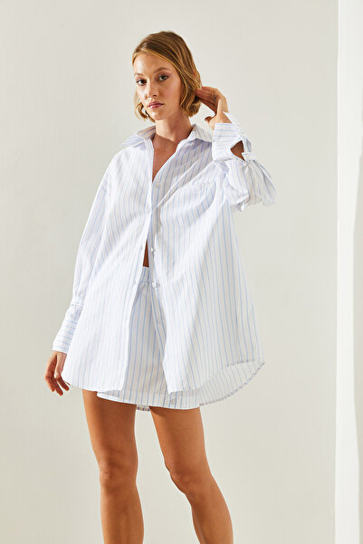 Bianco Lucci Csíkos túlméretezett női rövidnadrág szett - egy zsebes részlet, alul-felső készlet 8454 60251459