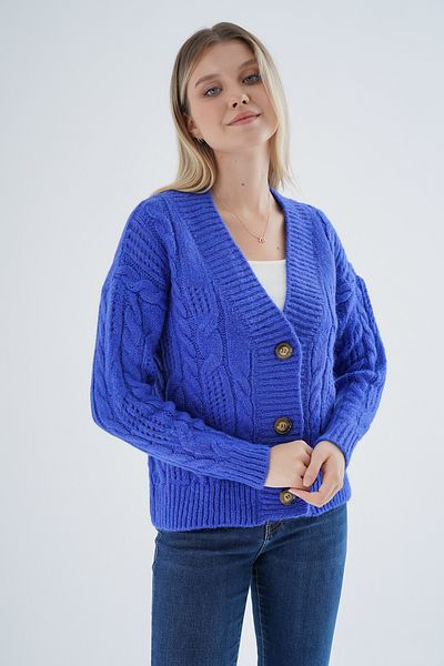 Trist Star Cardigan lung tricotat Saks Color pentru femei - decolteu în V, împletit păr, detaliu cu nasturi ajurat, amestec de lână