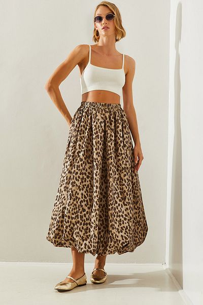 Bianco Lucci Leopard Patterned Satin Taffeta Balloon Women's Skirt - DE 241023 60251461