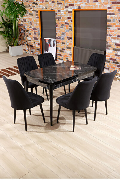 MYMASSA Lüks Bendir Masa - 6 Polo Sandalye - Ahşap Siyah Ayak - Masa Takımı -...