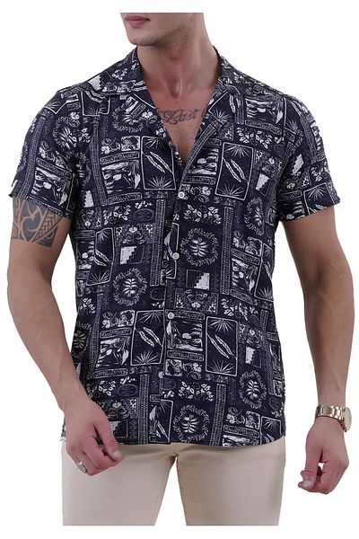 Exve Exclusive Λευκό εμπριμέ Navy Blue Design - Καλοκαιρινό πουκάμισο Hawaii Relaxed Fit Short Sleeve