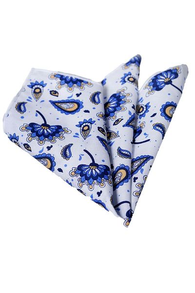 Exve Exclusive Blue Yellow Shawl Patterned Pocket Collar Handkerchief on White