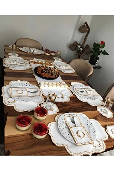 HİFA Başak Krem Gold Amerikan Servis 6 Kişilik 19 Parça Runner Seti Deri Yemek Sunum Takımı Nakışlı
