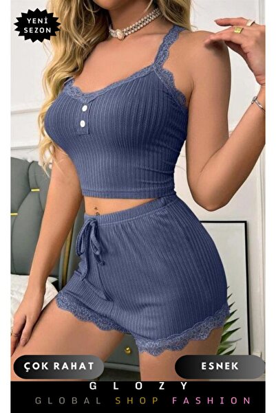 GLOZY Özel Seri Dantel & Düğme Detaylı Alt Üst Şortlu Takım