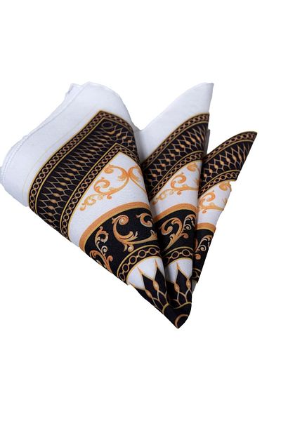 Exve Exclusive Gold Black Geometric Motif Printed Special Cut Pocket Collar Handkerchief on White