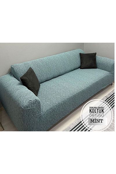 Faiend 3 Seater Mint Plain Jacquard Sofa Cover - Elastic Sofa and Sofa Bed Cover