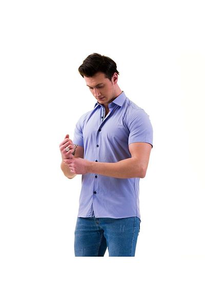 Exve Exclusive Nebesky modrá bavlněná košile Garni Slim Fit s krátkým rukávem a hrudníkem