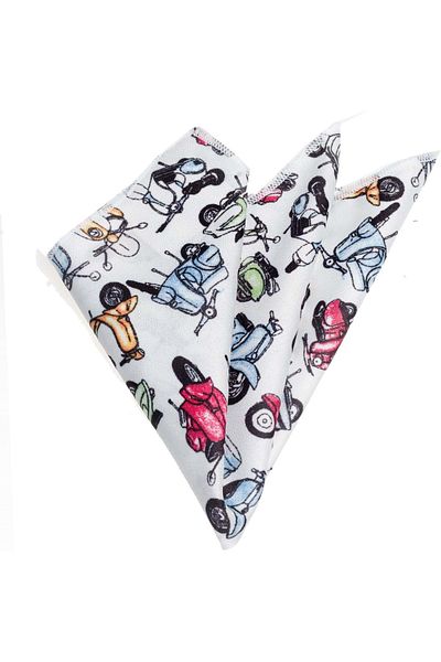 Exve Exclusive Colored Vespa Motor Printed Pocket Collar Handkerchief on White