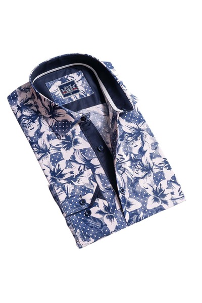 Exve Exclusive Синьо-бежева сорочка з квітковим принтом, ретро-стиль, вільний крій, для чоловіків