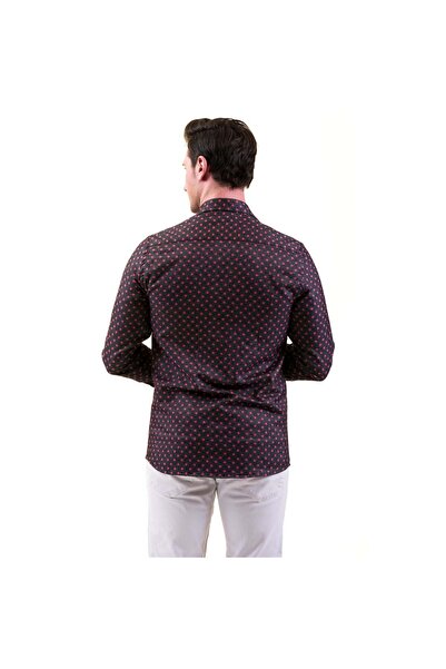 Exve Exclusive Μαύρο με κόκκινες πουά ψαροκόκκαλο μάλλινο χειμωνιάτικο πουκάμισο Western Slim Fit με λεπτομέρεια τσέπης