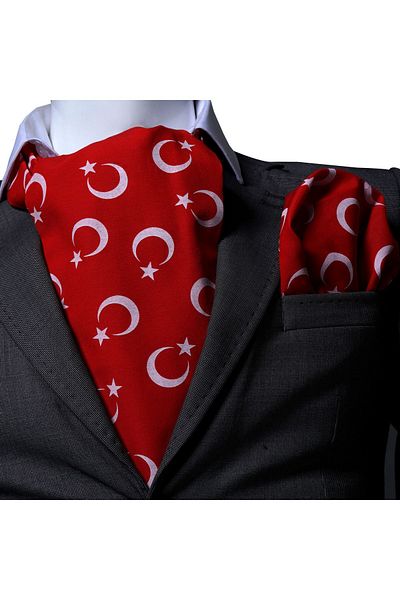 Exve Exclusive White Crescent and Star Printed Turkish Flag Cotton Scarf Handkerchief Set on Red
