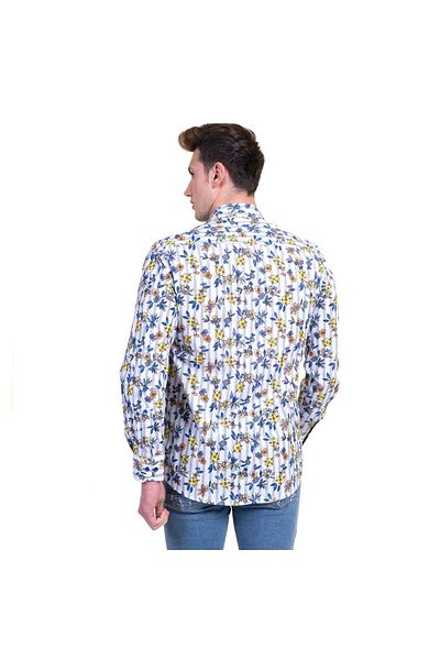 Exve Exclusive Cămașă pentru bărbați, albastru, galben, cu imprimeu floral din bumbac