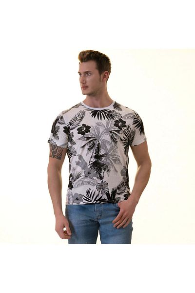 Exve Exclusive Gray Black Hawaiian Print on White Crew Neck Men's T-Shirt Cotton Combed Cotton T-shirt
