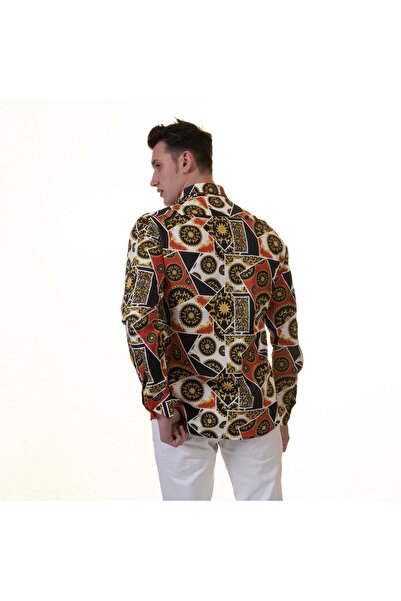 Exve Exclusive Κόκκινο μαύρο χρυσό ισπανικό σχέδιο Βαμβακερό άνετο φαρδύ πουκάμισο