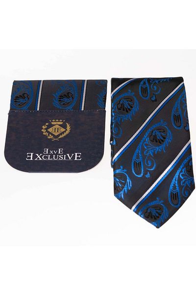 Exve Exclusive Set de cravate cu batistă pe geantă de in cu model Saks Blue Shawl pe neagră