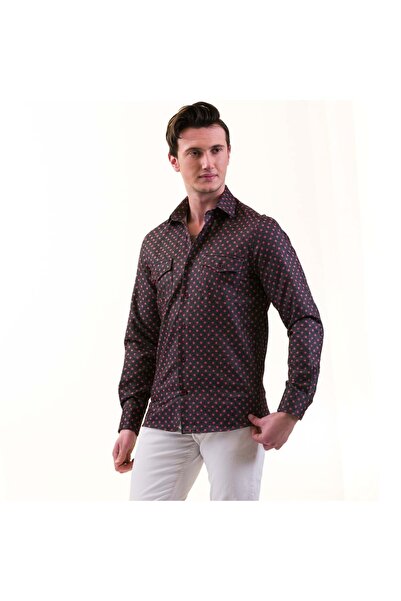 Exve Exclusive Μαύρο με κόκκινες πουά ψαροκόκκαλο μάλλινο χειμωνιάτικο πουκάμισο Western Slim Fit με λεπτομέρεια τσέπης