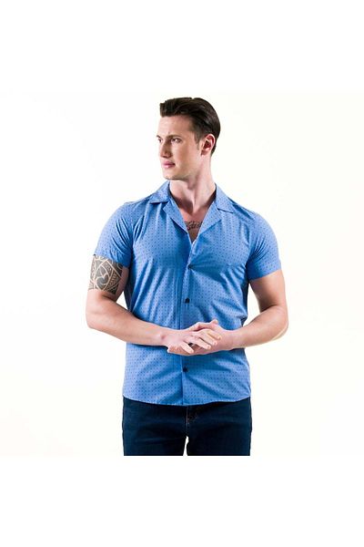 Exve Exclusive Navy Blue Geometric Pattern Printed Hawaiian Open Neck Short Sleeve Summer Shirt