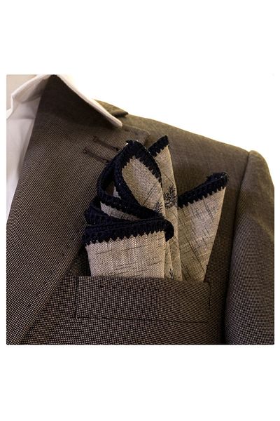 Exve Exclusive Navy Blue Palm Tree Print on Gray Natural Linen Edge Braided Pocket Collar Handkerchief