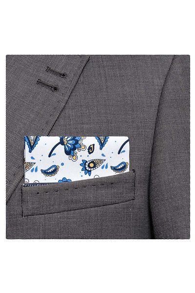Exve Exclusive Alb Albastru Galben Batistă Blazer cu guler de buzunar pliat, gata de utilizare, cu model Paisley