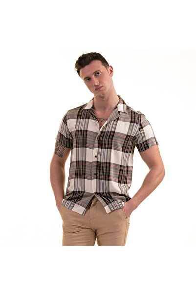 Exve Exclusive Beige Black Red Plaid Natural Viscose Breathable Slim Fit Short Sleeve Men's Shirt