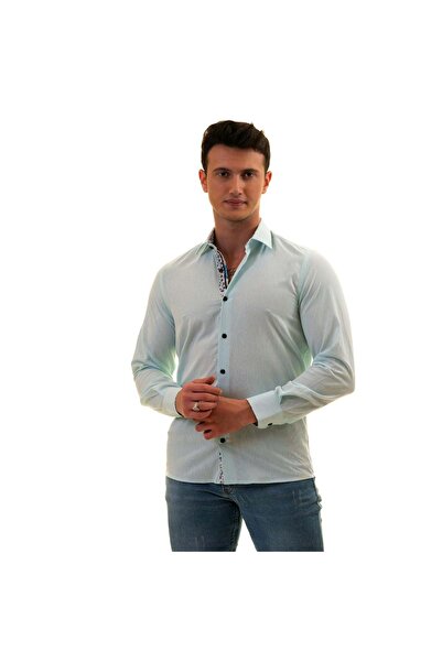 Exve Exclusive Водонепроникна сорочка з зеленим коміром та манжетами з квітковим візерунком, детально оздоблена, облягаючого крою