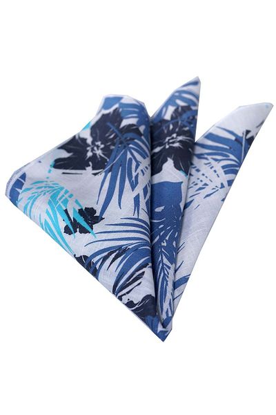 Exve Exclusive Navy Blue Turquoise Hawaii Pattern Printed Linen Pocket Collar Handkerchief on White
