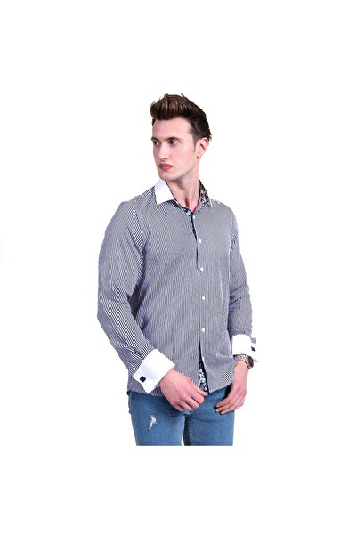 Exve Exclusive Синьо-біла сорочка з коміром у смужку, квітковим принтом всередині, контрастними французькими манжетами та ґудзиками на рукавах.