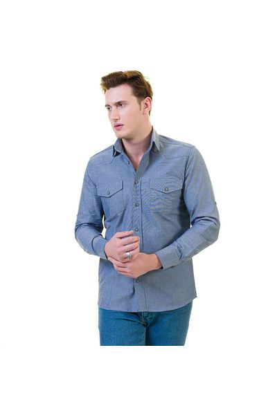 Exve Exclusive Μπλε τζιν πουκάμισο Western Jeans με τσέπες