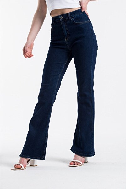 mooishan Lacivert Yüksek Bel Likralı Ispanyol Jeans, Ispanyol Paça Kadın Kot Pantolon