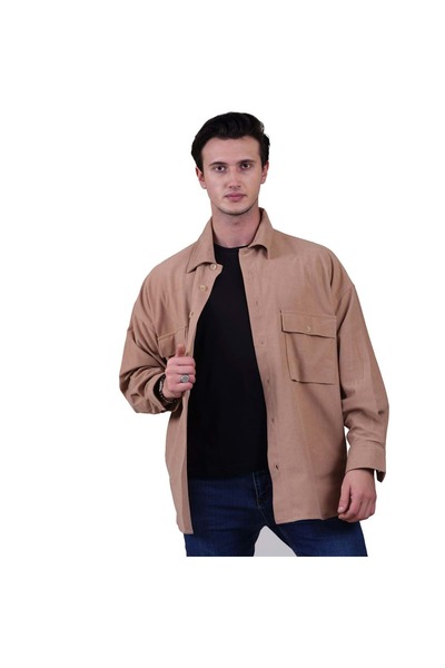 Exve Exclusive Ежедневна велурена риза Lumberjack с 4 джоба, цвят камило мляко и кафе, едноцветна, голям размер