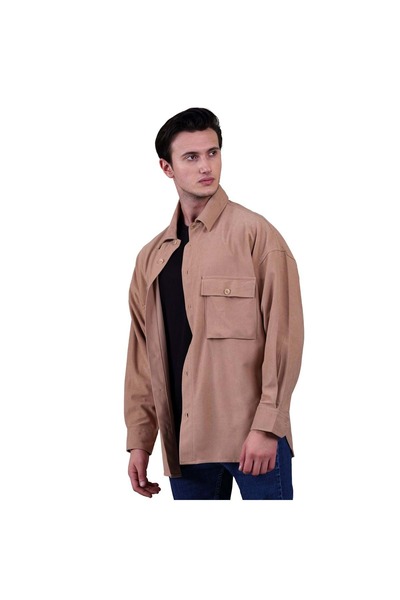 Exve Exclusive Ежедневна велурена риза Lumberjack с 4 джоба, цвят камило мляко и кафе, едноцветна, голям размер