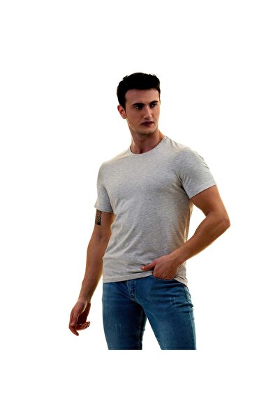 Exve Exclusive Gray Melange Crew Neck Basic T-shirt Normal Fit Men's T-Shirt