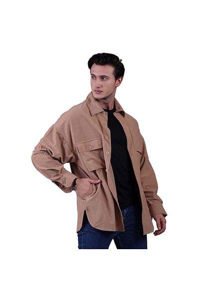 Exve Exclusive Camel Milk Brown Απλό Μονόχρωμο Απλό Oversize Χειμερινό 4 τσέπες Loose Lumberjack Μεγάλο Μέγεθος Suede Πουκάμισο