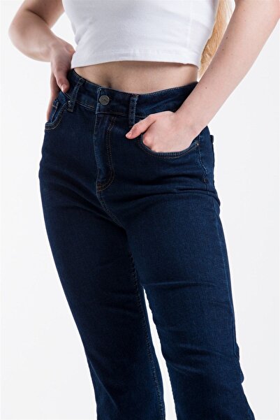 mooishan Lacivert Yüksek Bel Likralı Ispanyol Jeans, Ispanyol Paça Kadın Kot Pantolon