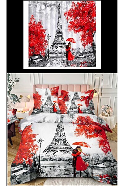 Elmas Dizayn طقم غطاء لحاف مزدوج مكون من 4 قطع - ستارة خلفية حمراء وبيضاء، إن...