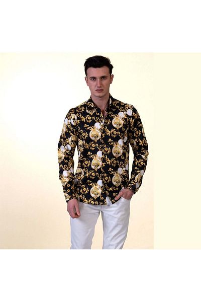Exve Exclusive Μαύρο χρυσό Skull Print Σχέδιο Βαμβακερό άνετο φαρδύ πουκάμισο