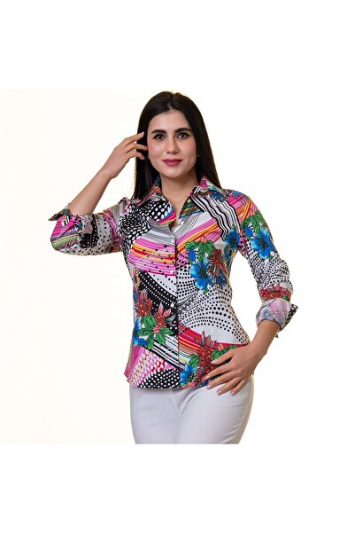 Exve Exclusive Cămașă de damă cu imprimare digitală multicoloră pe alb