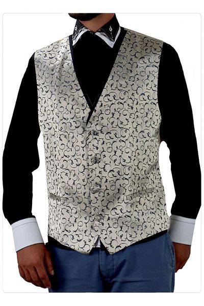 Exve Exclusive Blue Paisley Patterned Cream Groom's Vest