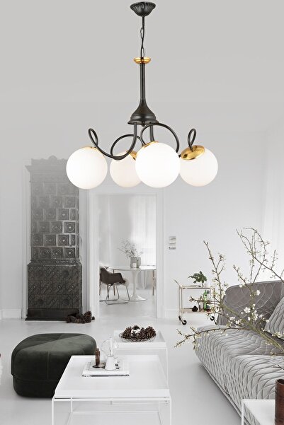 Genel Markalar Şimşek Siyah 4'lü Beyaz Glop Camlı Aşağı Bakan Modern Lüks Avize