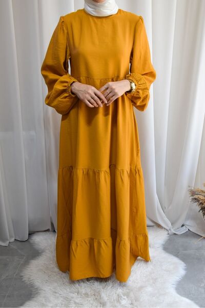 afife Model Atiye Keten Aerobin Kolları Lastikli Kat Kat Tesettür Elbise - Ha...