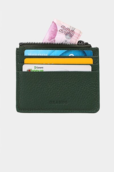 Grande 3603 Genuine Leather Coin Compartment Zippered Women's Men's Wallet Card Holder Green