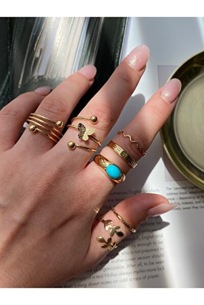 Pinery Jewels Mavi Taşlı Kelebek Altın Kaplama Çoklu Kadın Yüzük Seti