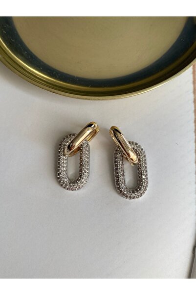 Pinery Jewels Vıp Seri - Full Taşlı Elips Sallantılı Küpe