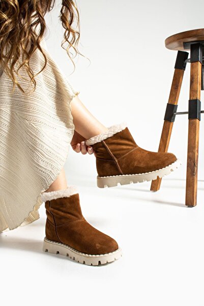 MODELLE SHOES Neve Taba Süet Peluşlu Düz Taban Hakiki Deri Kadın Bot